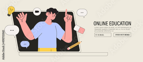 Male teacher in classroom. Online learning, advanced tranining teaching methodology concept. School teacher video conference call with pupils. Lecturer distant teaching. Professor on laptop screen.
