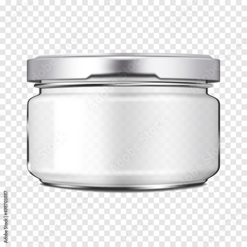 Clear glass jar with metal screw lid on transparent background, realistic vector mockup. Empty food or cosmetic product container. Template for design