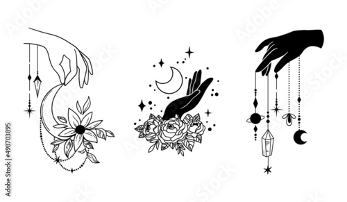 Mystical boho floral moon and witches hands isolated clip art bundle, celestial magic crescent moon collection, floral magic moon set, silhouettes of luna - black and white vector
