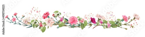 Panoramic view: bouquet of carnation and spring blossom. Horizontal border: light, pink flowers, buds, leaves on white background. Realistic digital illustration in watercolor style, vintage, vector