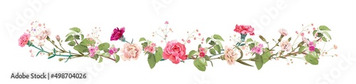 Panoramic view: bouquet of carnation and spring blossom. Horizontal border: light, pink flowers, buds, leaves on white background. Realistic digital illustration in watercolor style, vintage, vector