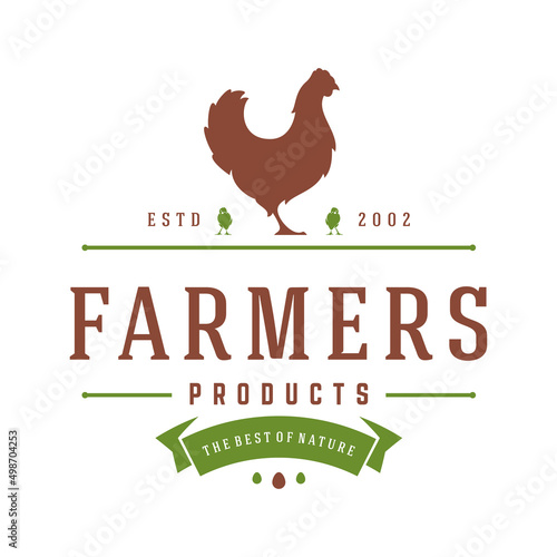 Farmers market logo template vector illustration. Farmer logotype or badge design. Trendy retro style farm natural organic products food silhouette.