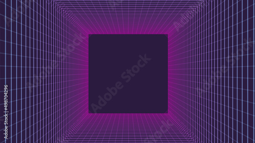 Technology wireframe square tunnel on dark background. Futuristic 3D wormhole grid. Digital dynamic wave. Vector illustration.