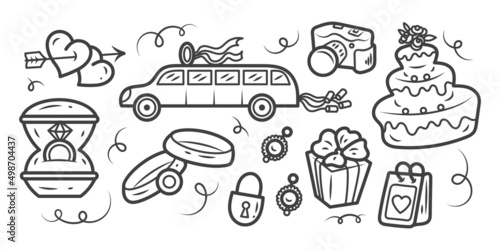 A set of wedding doodle elements, icons. Anniversary, save the date. Isolated illustrations.	