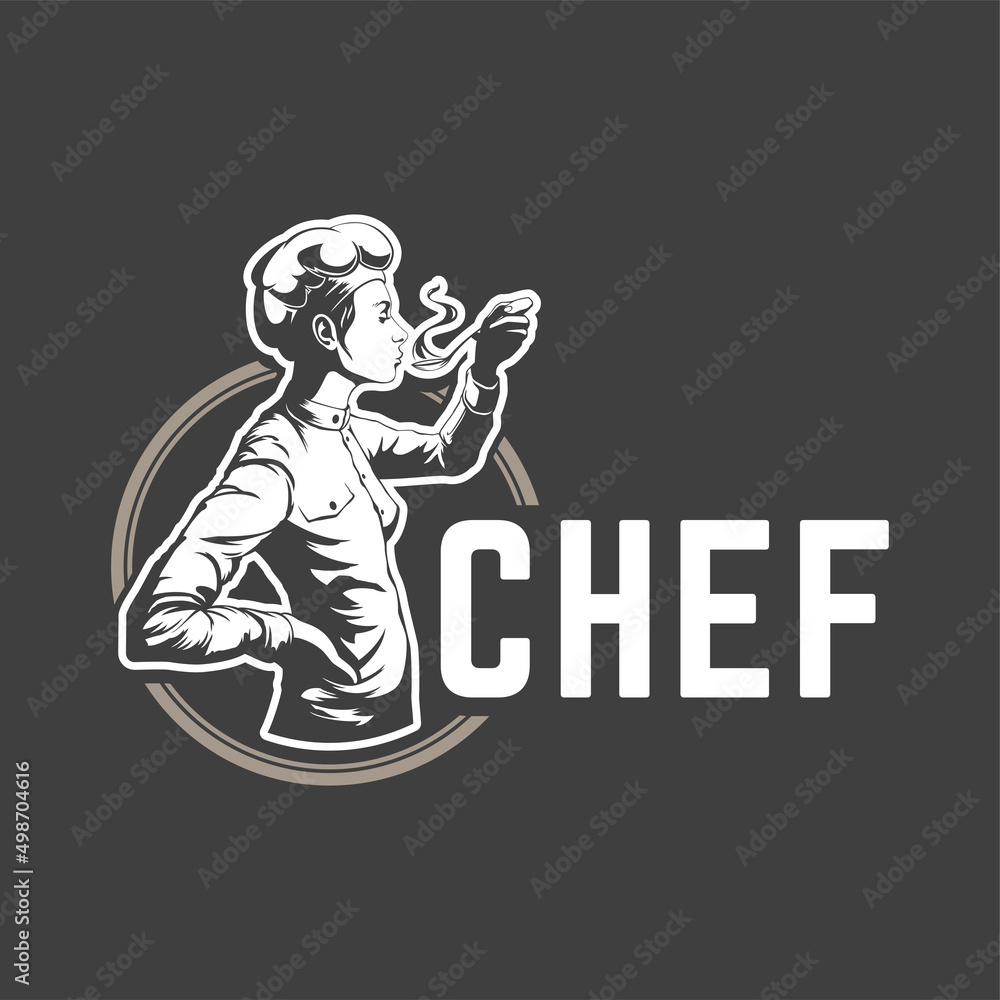 Restaurant logo template vector object for logotype or badge design. Trendy retro style illustration, chef woman cooking food silhouette.