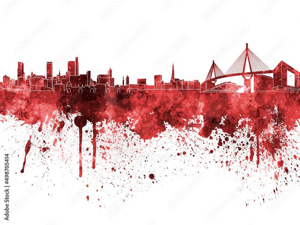 Hamburg skyline in red watercolor on white background Hamburg skyline in red watercolor on white background