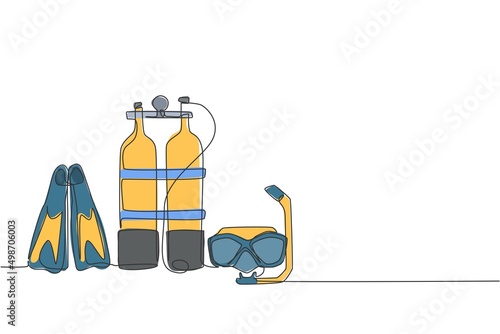 One single line drawing of wetsuit, swimsuit, regulator, oxygen, mask, snorkel goggle and fins vector illustration. Healthy sport scuba diving equipment concept. Modern continuous line draw design