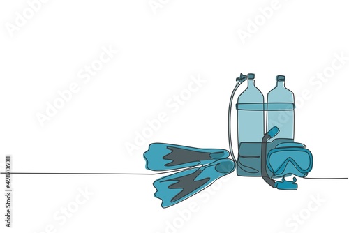 One continuous line drawing wetsuit, swimsuit, regulator, oxygen, mask, snorkel goggle and fins. Water sport scuba diving equipment concept. Dynamic single line draw design vector graphic illustration