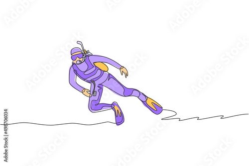 Single continuous line drawing young sportive man do scuba diving into the deep sea ocean to explore sea life world. Underwater sport concept. Trendy one line draw design vector graphic illustration
