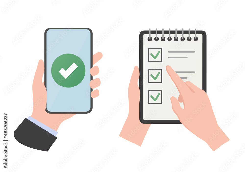 Notepad, smartphone and human hands. To do list. Colored flat vector illustration. Isolated on white background. Notepad, smartphone and human hands. To do list. Colored flat vector illustration. Isolated on white background.