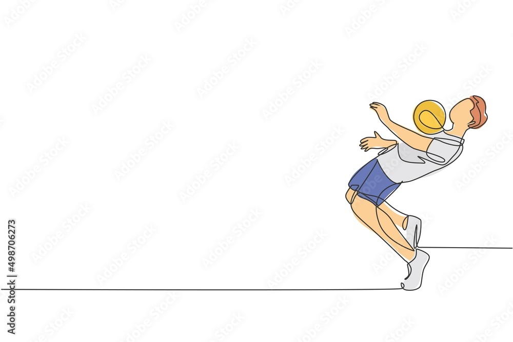 One single line drawing young happy man perform soccer freestyle hold the ball with chest at the city square vector illustration graphic. Football freestyler sport concept. Continuous line draw design One single line drawing young happy man perform soccer freestyle hold the ball with chest at the city square vector illustration graphic. Football freestyler sport concept. Continuous line draw design