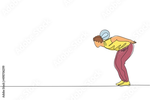 One continuous line drawing of young sporty man soccer freestyler practice hold the ball with nape in the street. Football freestyle sport concept. Dynamic single line draw design vector illustration