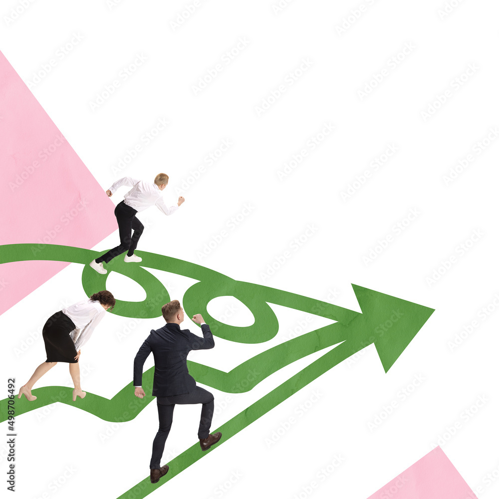 Contemporary art collage. Motivated, concentrated employees moving on their own arrow symbol directed to success and promotion Contemporary art collage. Motivated, concentrated employees moving on their own arrow symbol directed to success and promotion