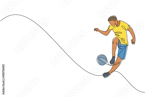 Single continuous line drawing of young sportive man train soccer freestyle, jump juggling with heel on the field. Football freestyler concept. Trendy one line draw design vector graphic illustration