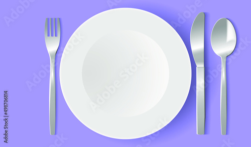 Breakfast table, top view. Serving of table with plates and cutlery
