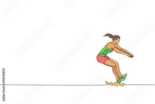 One single line drawing of young energetic woman exercise to land on sand pool after long jump vector illustration. Health athletic sport concept. Competition event. Modern continuous line draw design