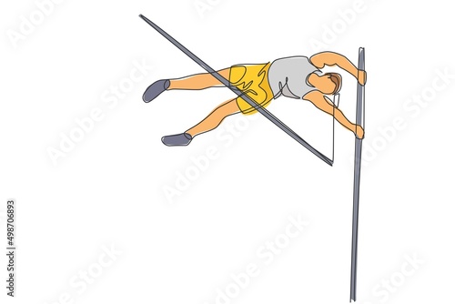 One single line drawing of young energetic woman exercise to pass the bar on pole vault game vector illustration. Healthy athletic sport concept. Competition event. Modern continuous line draw design
