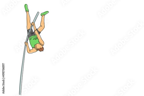 Single continuous line drawing of young sportive man training pole vault jump vertically in the field. Healthy athletic sport concept. Tournament event. Trendy one line draw design vector illustration