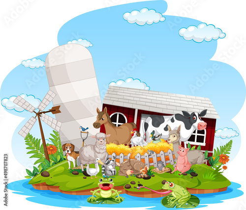 Farm scene with many animals by the barn