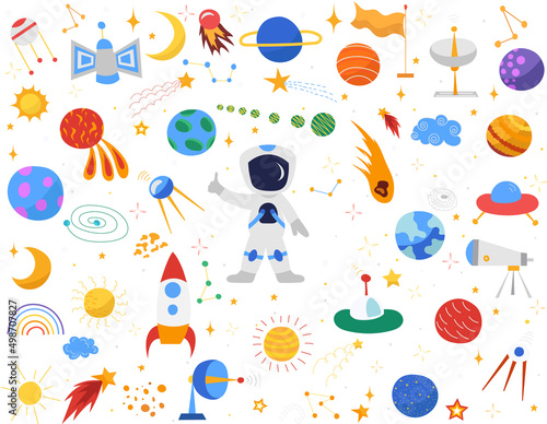 set of space elements, astronaut, planets, stars flat design, isolated, vector