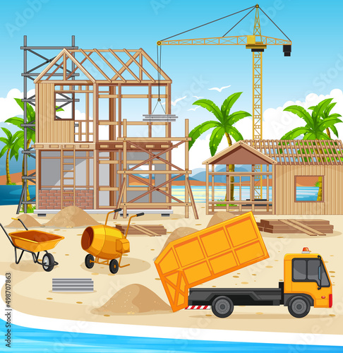 Cartoon scene of building construction site