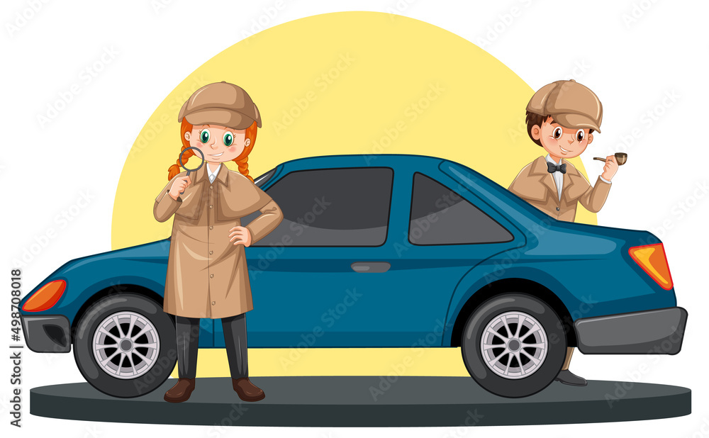 Detective looking for clues with magnifying glass and car on white background Detective looking for clues with magnifying glass and car on white background