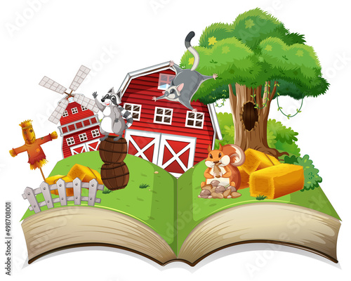 Opened fantasy book with cute animals