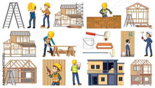 Set of construction site objects and workers