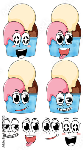 Set of facial expression vintage style cartoon with icecream on white background