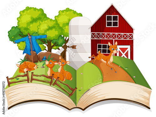 Farm scene with many deers by the barn