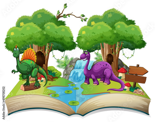 Opened book with various dinosaurs cartoon