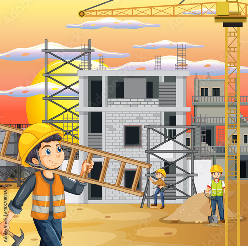 Building construction site with workers