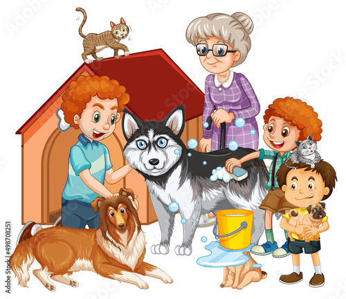 Happy family with their pets in cartoon style