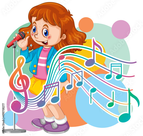 Singer girl cartoon with music melody symbols