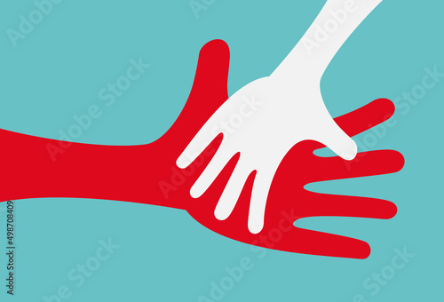 Two hands, one large and one small. Help and solidarity. Vector illustration for cover, pattern and poster