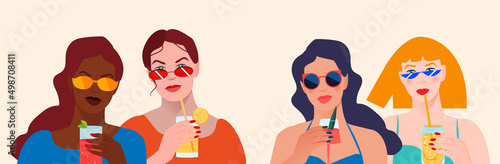 Beautiful women wearing a swimsuit, sunglasses and holding cocktails. Exotical tropical plants. Summer vacation, rest and relax. Leisure on a beach. Flat vector illustration.