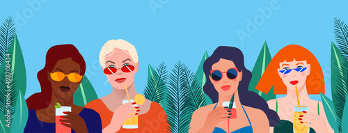 Beautiful women wearing a swimsuit, sunglasses and holding cocktails. Exotical tropical plants. Summer vacation, rest and relax. Leisure on a beach. Flat vector illustration.