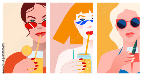 Beautiful women wearing a swimsuit, sunglasses and holding cocktails. Exotical tropical plants. Summer vacation, rest and relax. Leisure on a beach. Flat vector illustration.