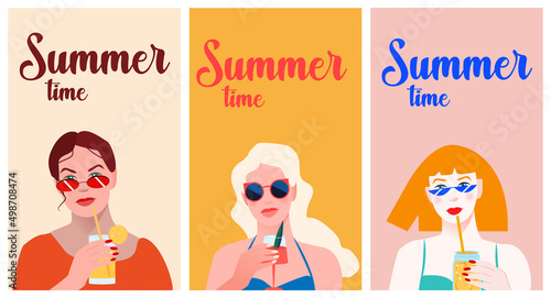 Beautiful women wearing a swimsuit, sunglasses and holding cocktails. Exotical tropical plants. Summer vacation, rest and relax. Leisure on a beach. Flat vector illustration.