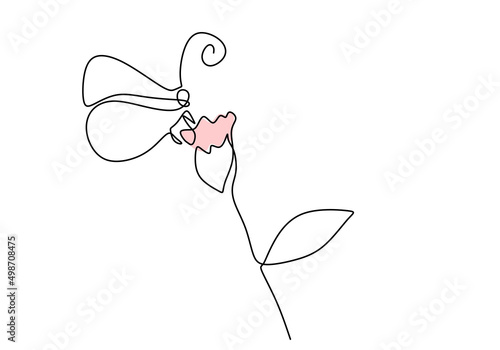 One continuous single line of butterfly perch on pink flower isolated on white background.