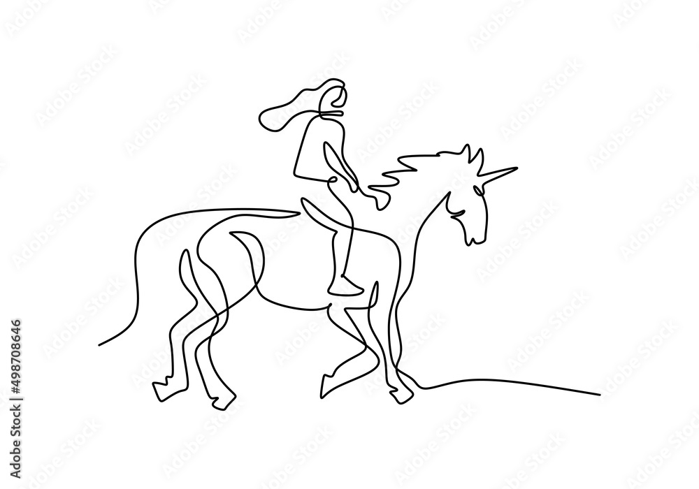 One continuous single line of man riding pegasus horse isolated on white background.