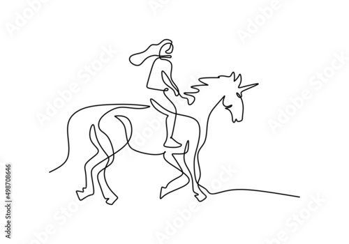 One continuous single line of man riding pegasus horse isolated on white background. © ngupakarti