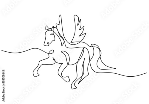One continuous single line of flying pegasus horse isolated on white background.
