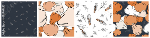 Autumn harvest, pumpkin seamless pattern with coordinating leaf and stripe designs for kitchen textile, tablecloth or napkins in cozy fall terracotta orange and beige colours. 