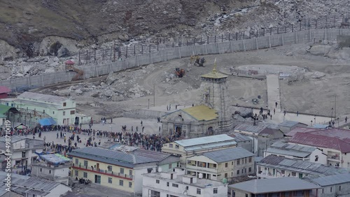 Crowd Of Hindu Pilgrims Lined Up Outside The Kedarnath Temple In Rudraprayag, India. high angle, wide photo