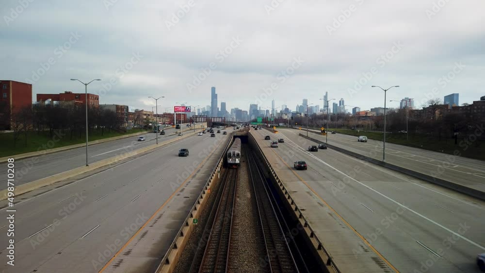 Cars and Subway On Busy City Expressway With Chicago Skyline Cars and Subway On Busy City Expressway With Chicago Skyline