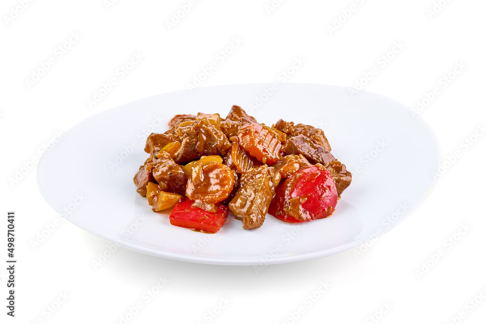 Stew Meat, stewed pork goulash, isolated on white background. Stew Meat, stewed pork goulash, isolated on white background.