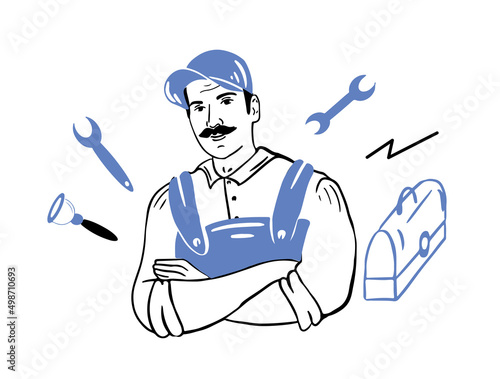 Plumber handyman in a blue uniform with crossed arms. A set of tools for repair work.Vector illustration.