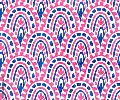 Seamless wavy pattern. Ethnic and tribal motifs. Seigaiha print in bohemian style. Vintage grunge texture. Vector illustration.