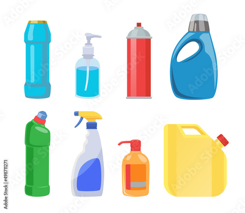 Bottles for cleaning products flat vector illustrations set. Plastic containers for liquid laundry detergent, soap, disinfectant spray, bleach isolated on white background. Hygiene, household concept